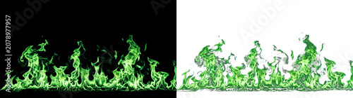 Vivid green fire flames rising from bottom on a dark background on png background