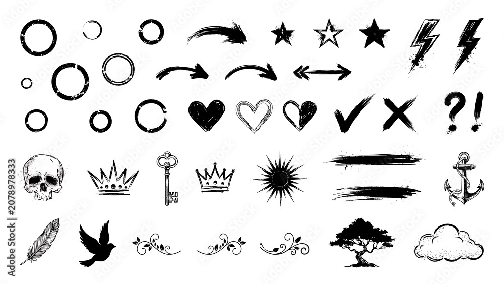 Fototapeta premium Set of various hand drawn vector icons featuring vintage keys crowns skulls birds feathers anchors and abstract ornaments.