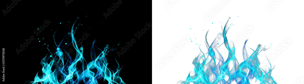 Obraz premium Blue fire flame texture on black background, on png background, with glowing sparks at bottom