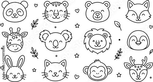 Photography Cute cartoon animal heads avatars faces characters line icons set for kids outli