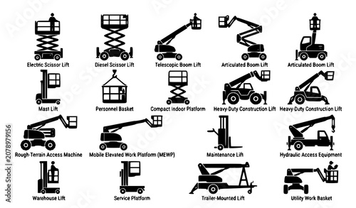 Foto Professional Lift Platform Basket Vector Icons Featuring Scissor Lifts and Eleva