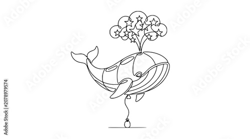 Fotografie Whimsical single line drawing of a whale balloon with stars spouting from its blowhole