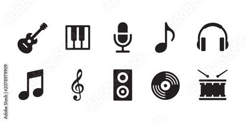 Tableau sur toile Music instrument and audio icon set featuring guitar, piano, microphone, notes, and headphones