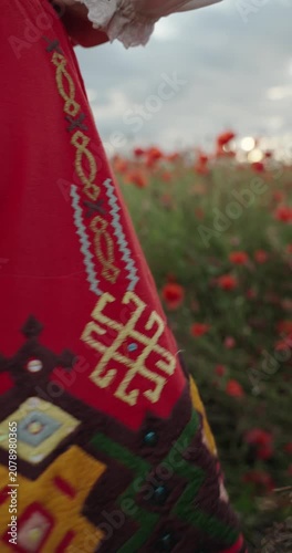Close Up of Traditional Folk Dress Twirling in Slow Motion Vertical Video Among Blooming Poppies