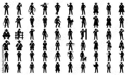 Foto Vintage Cowboy Silhouette Set Western Ranch Black White Vector Collection