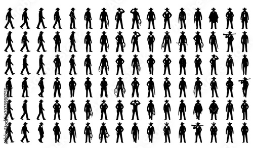 Fotografie Western Cowboy Standing Silhouettes Vintage Black White Vector Set