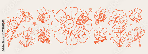 Canvas Print cute honey bee pattern, bumble bee sketch illustration, funny insect nature dood