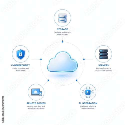 Cloud computing infrastructure diagram for data storage and cybersecurity technology businesses