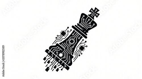 Chess king piece features integrated electronic circuit patterns to represent the intersection of strategic thinking and advanced digital technology in a modern business environment.