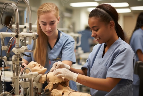 Student dentists practicing on mechanical dummies in laboratory