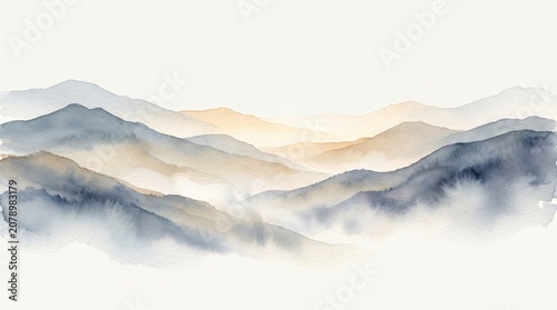 Watercolor painting of misty mountains with soft hues of blue and yellow.
