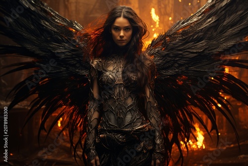 Fierce warrior woman with large dark feathered devil wings in armored fantasy costume against hellish fiery red background. Dark fantasy demon concept art.