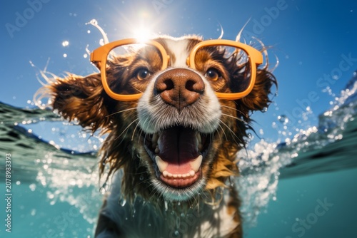 Funny dog at the swimming pool, smiling and wearing goggles
