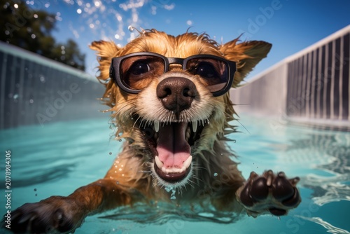 Funny dog at the swimming pool, smiling and wearing goggles
