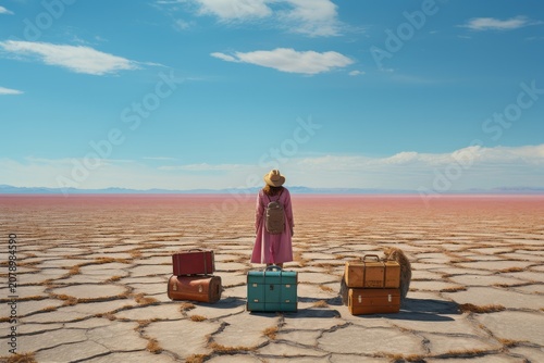 Beautiful woman as tourist. Solo traveller, traveling concept. Travel bag