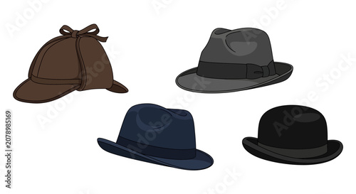 Fotografi Collection of Five Distinctive Hats: Detective, Fedora, Bowler, and More