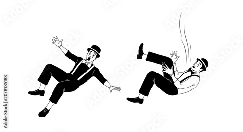 Canvastavla Clumsy Mime Performers Falling Mid-Air, Comedy Duo in Black and White