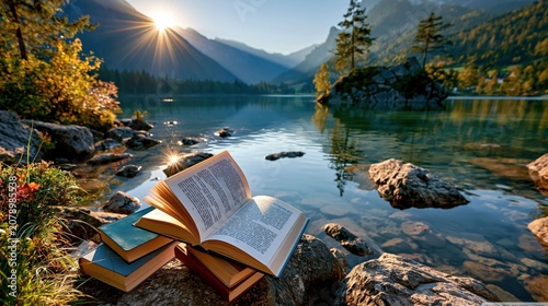 Sun rises above mountains reflecting on water. Several books sit on rocks by lake. Trees are visible around water. Bright sunlight shines through pages