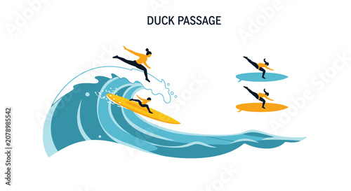 Quadro su tela Surfer Performing Duck Dive Technique Illustration