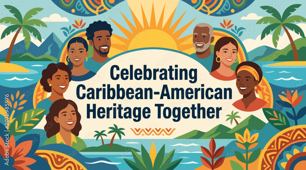 Fototapeta premium Diverse Group Celebrating Caribbean Heritage on Tropical Island with Sunrise