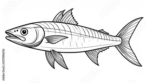 Detailed black and white line art illustration of a fish.