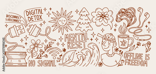Foto mental health wellness sketch, positive mind soul doodle, hand drawn therapy ico
