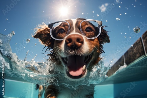 Funny dog at the swimming pool, smiling and wearing goggles