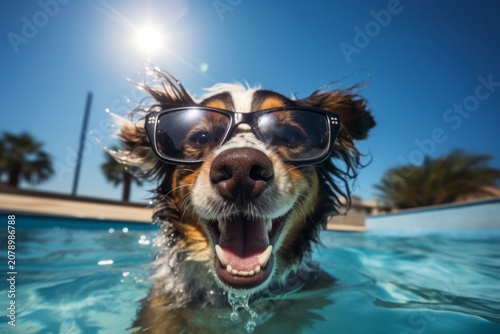Funny dog at the swimming pool, smiling and wearing goggles