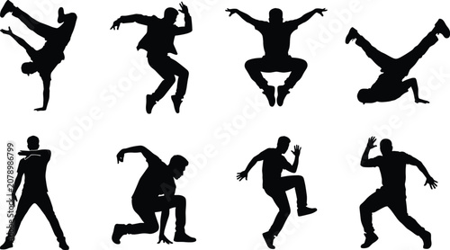 Foto Hip hop and breakdance dancers black silhouette icons set featuring young men pe