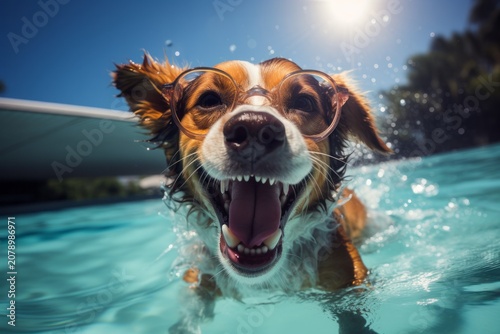 Funny dog at the swimming pool, smiling and wearing goggles