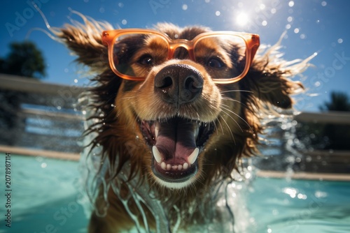 Funny dog at the swimming pool, smiling.