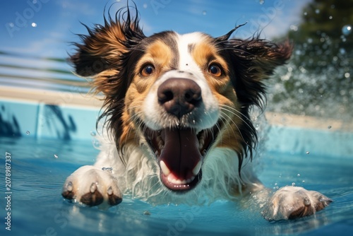 Funny dog at the swimming pool, smiling.