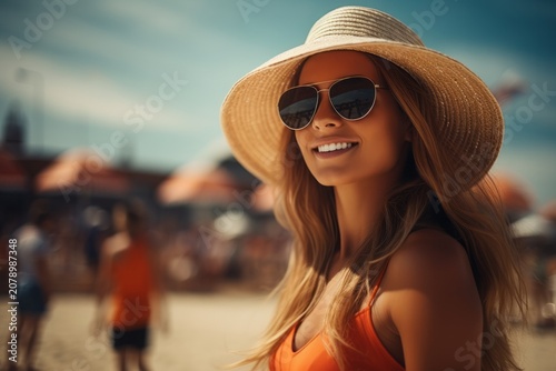Beautiful woman ready to serve on the beach volleyball summer.