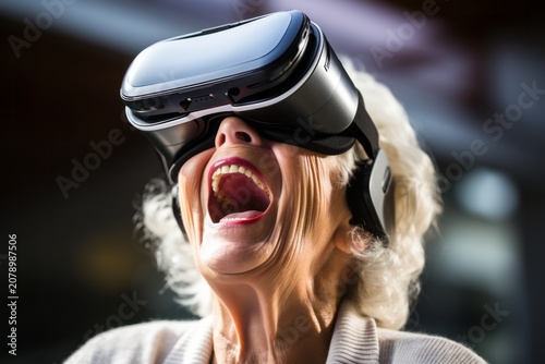 Astonished senior woman with virtual realty headset (VR) playing and interacing. New Technology Concept, Cyber Glasses
