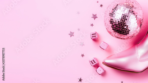 Abstract pink flatlay background in retro cowgirl party style. Disco vintage template design.