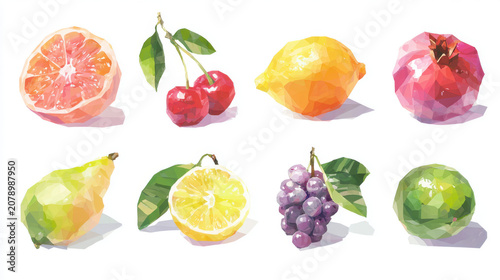 Geometric collection of colorful fruits on white background