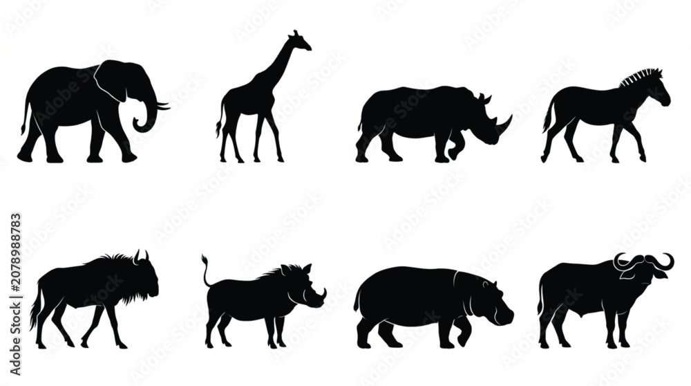 Obraz premium African Safari Animals Silhouettes Set of Elephant Giraffe Rhino Zebra Hippo and Wildebeest Icons
