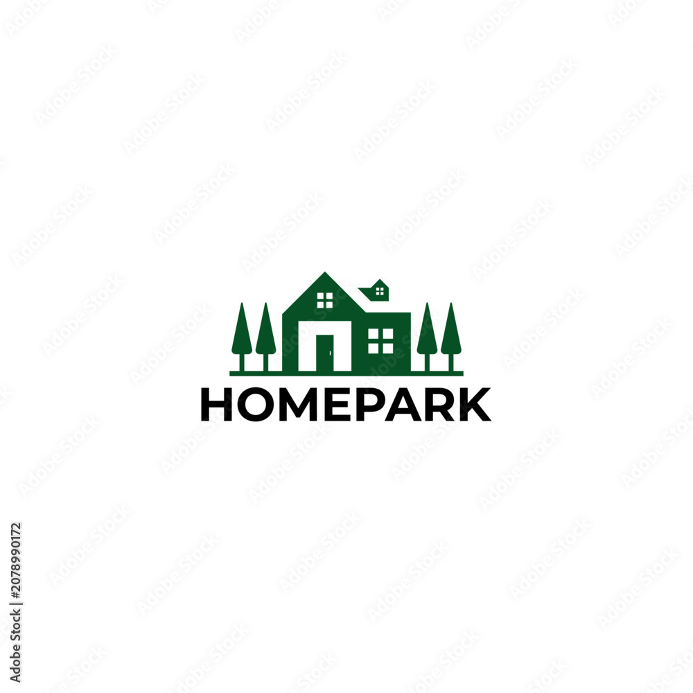 Fototapeta premium Modern logo featuring a cozy house surrounded by pine trees in a clean, minimalist style. Symbolizing peaceful living, nature, community, and residential comfort