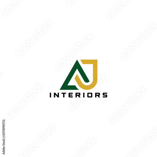 Modern interior logo featuring stylized AJ initials with clean geometric lines. The minimalist vector design conveys creativity, professionalism, and architectural elegance