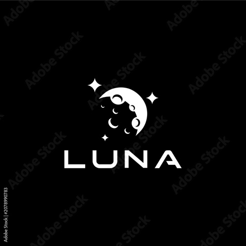 Modern logo featuring an abstract crescent moon with crater details surrounded by sparkling stars. The minimalist vector design symbolizes mystery, dreams, night, and celestial beauty 