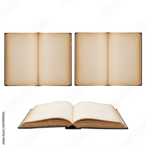 Open vintage books on wooden table