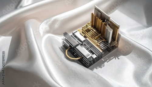 Gold processor chip resting on elegant white silk fabric.