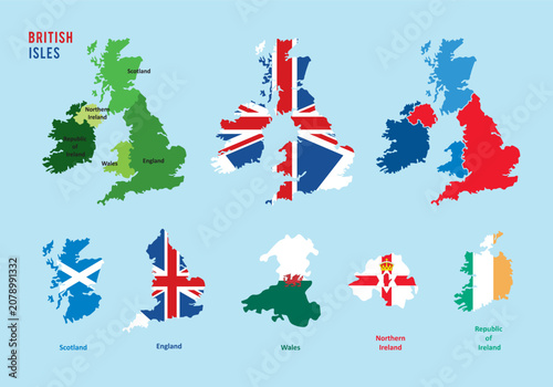 Billede på lærred Colorful map illustration showing British Isles regions with individual country