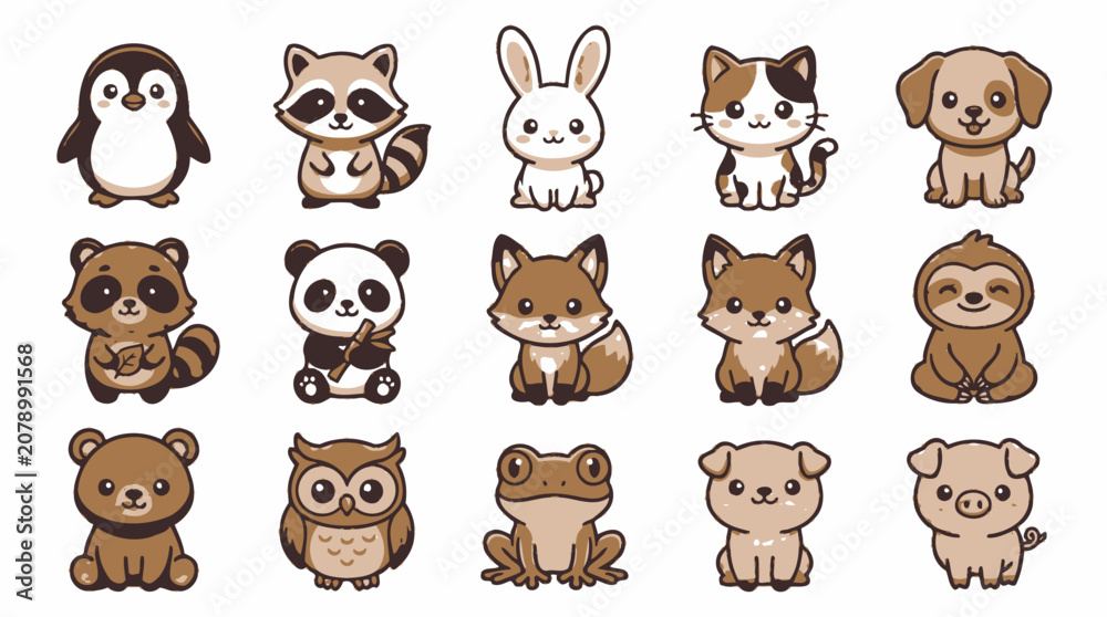 Fototapeta premium Adorable forest and domestic animal sticker icons collection.