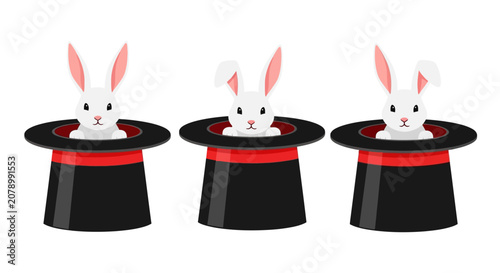Photos Three White Rabbits Appearing from Magic Top Hats
