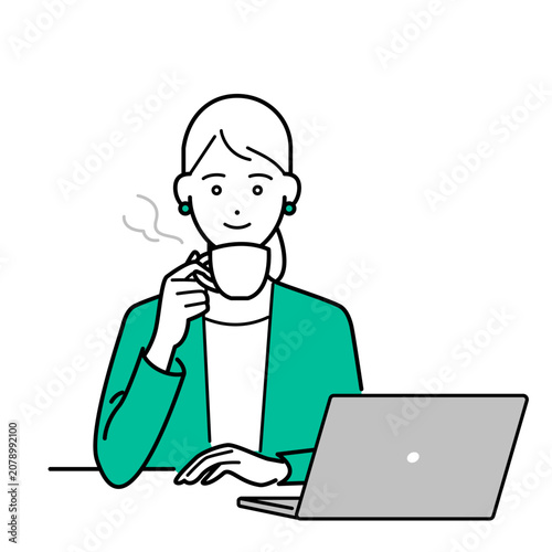ビジネススーツ姿の女性がコーヒーを飲んでいるシンプルな上半身ベクターイラスト