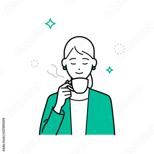 ビジネススーツ姿の女性がゆったりとコーヒーを飲んでいるシンプルな上半身ベクターイラスト