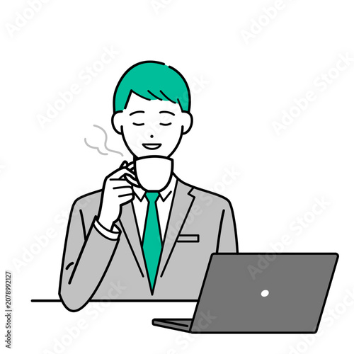 ビジネススーツ姿の男性が優雅にコーヒーを飲んでいるシンプルな上半身ベクターイラスト