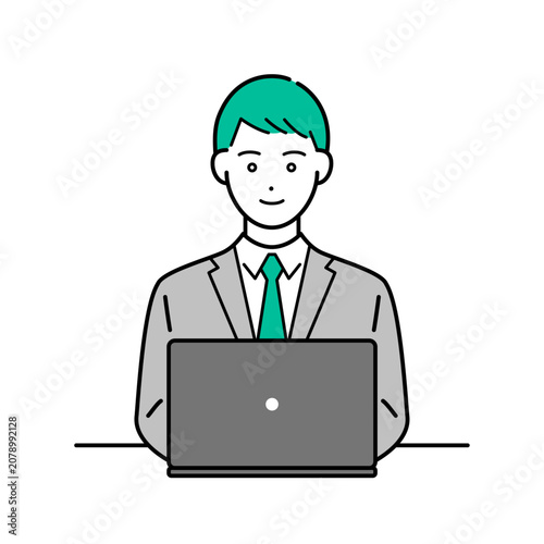 パソコン作業中のビジネススーツ着用の男性のシンプルな上半身ベクターイラスト