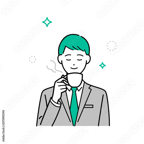 ビジネススーツ姿の男性がゆったりとコーヒーを飲んでいるシンプルな上半身ベクターイラスト